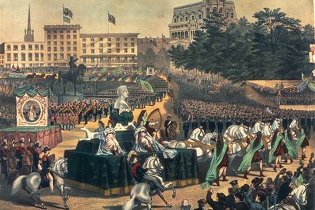St. Patrick's Day Parade in America, Union Square, 1870s (colour litho)