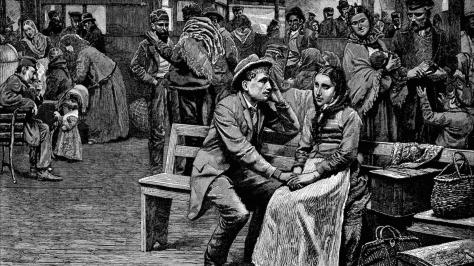 Antique illustration of immigrants in New York